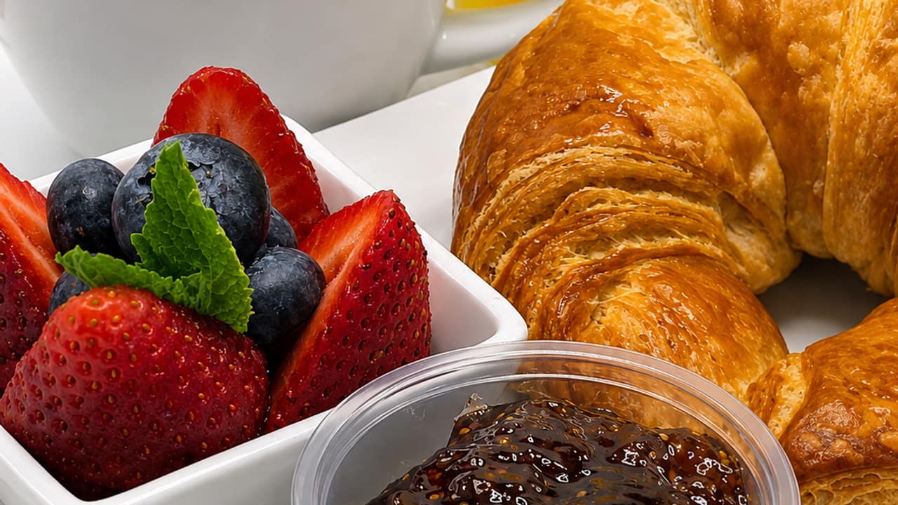 A freshly baked all-butter croissant with fig jam, coffee and fresh berries